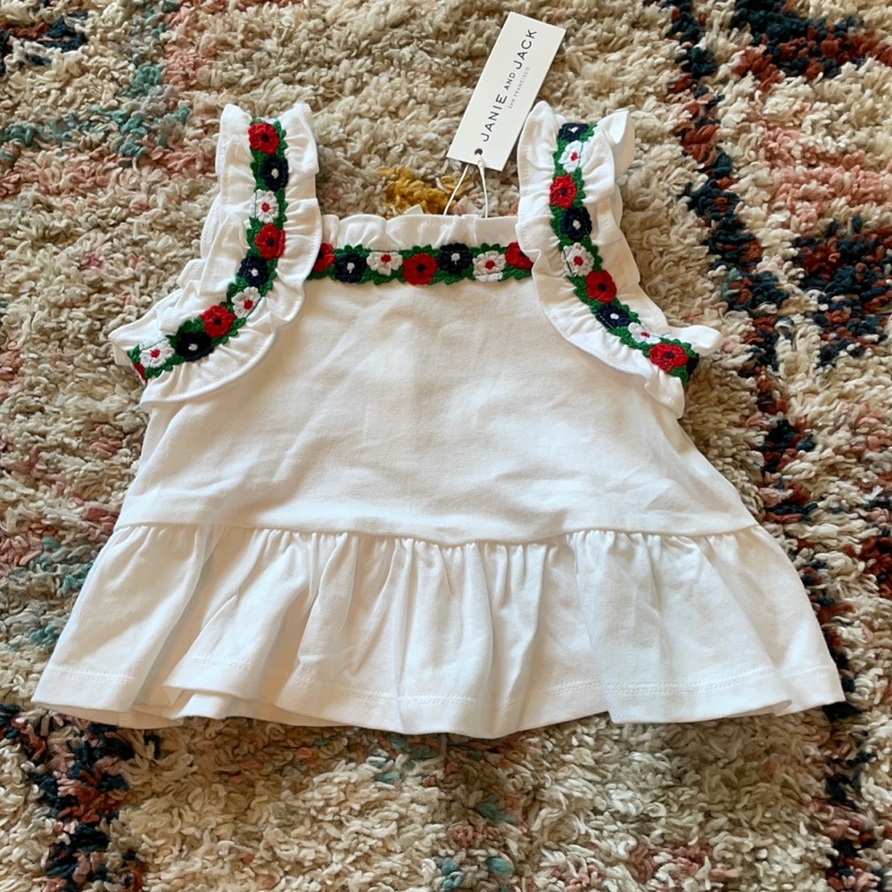 Janie and Jack White Ruffle Tank with Red & Green Floral Trim